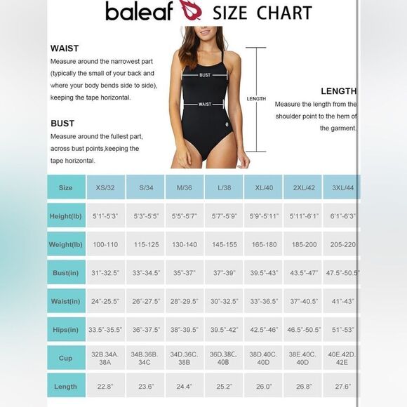 Baleaf Athletic Training One Piece Swimsuit, Black, Medium (36) m, NWT - Picture 5 of 6